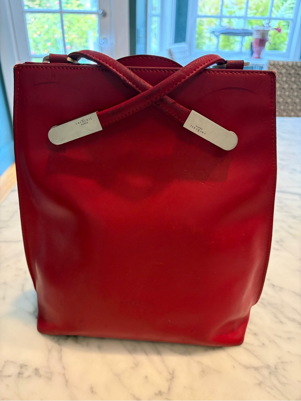 Red Leather Tote/ Backpack with Top Handles Frederic, Paris.